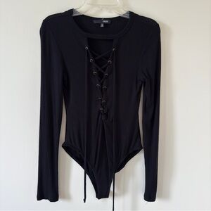 OBOE Black Ribbed Lace-Up Long Sleeve Bodysuit Top